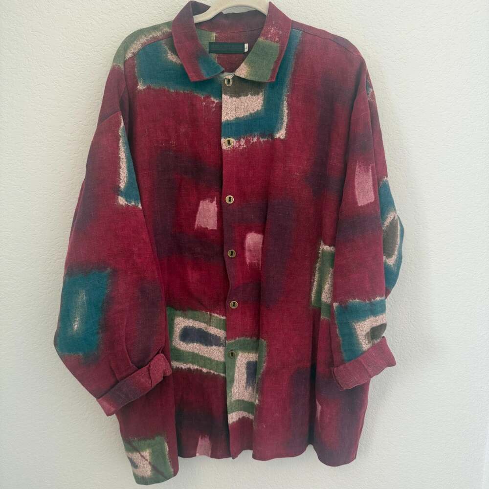 Rebecca Yaffe Designs Hand Painted Linen Button Down Shirt Red Green Abstract L